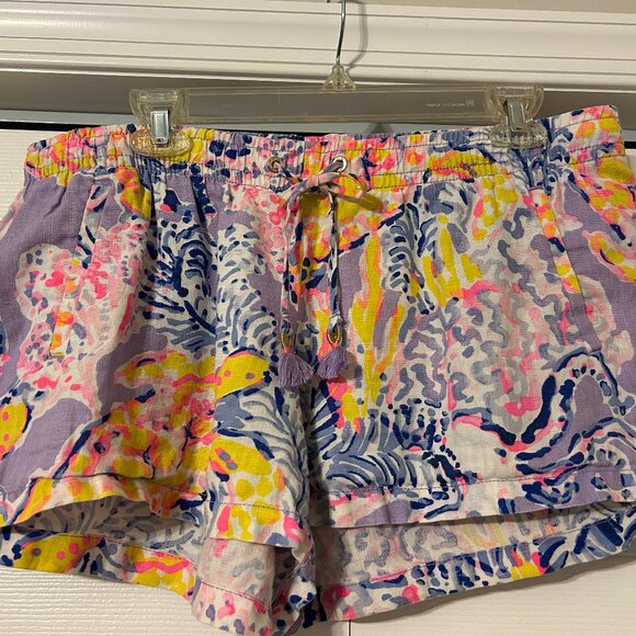 LILLY PULITZER Sz L Baybreeze Multi-Color So Snappy 100% Linen Pull On Shorts - Picture 2 of 5